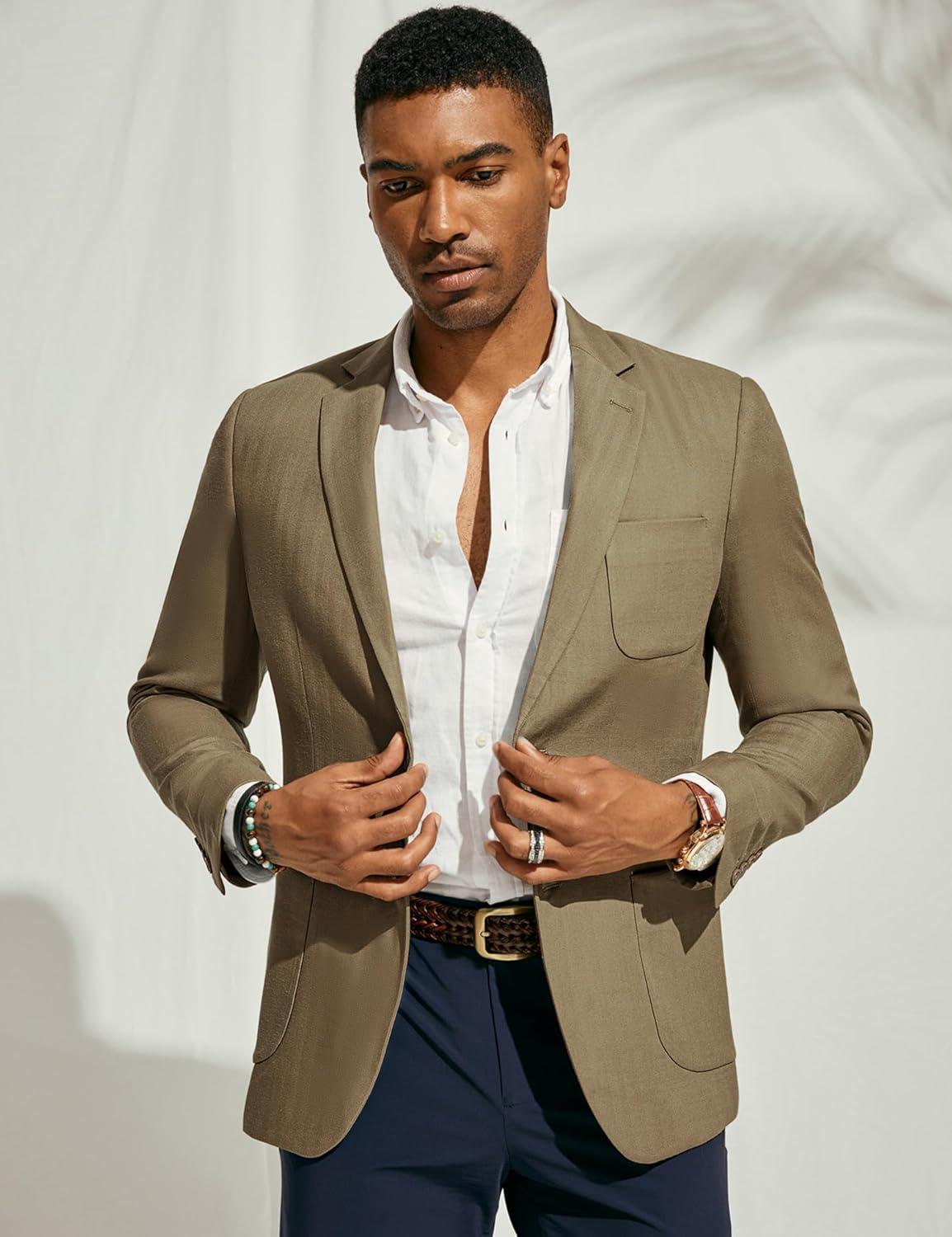 imagePJ PAUL JONES Mens Blazer Jacket Cotton Linen Sports Coats Regular Fit Two Buttons Herringbone Suit JacketsLight Brown