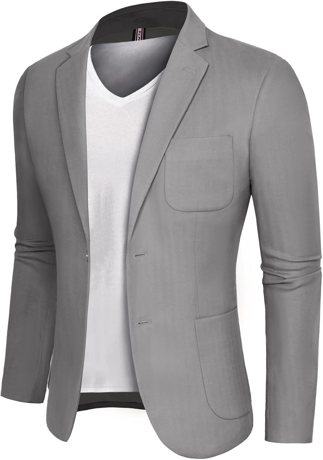 imagePJ PAUL JONES Mens Blazer Jacket Cotton Linen Sports Coats Regular Fit Two Buttons Herringbone Suit JacketsLight Grey
