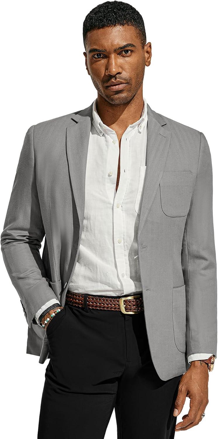 imagePJ PAUL JONES Mens Blazer Jacket Cotton Linen Sports Coats Regular Fit Two Buttons Herringbone Suit JacketsLight Grey