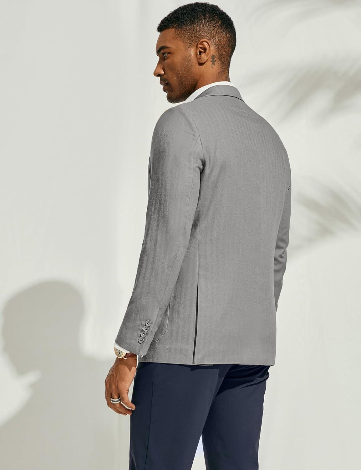 imagePJ PAUL JONES Mens Blazer Jacket Cotton Linen Sports Coats Regular Fit Two Buttons Herringbone Suit JacketsLight Grey