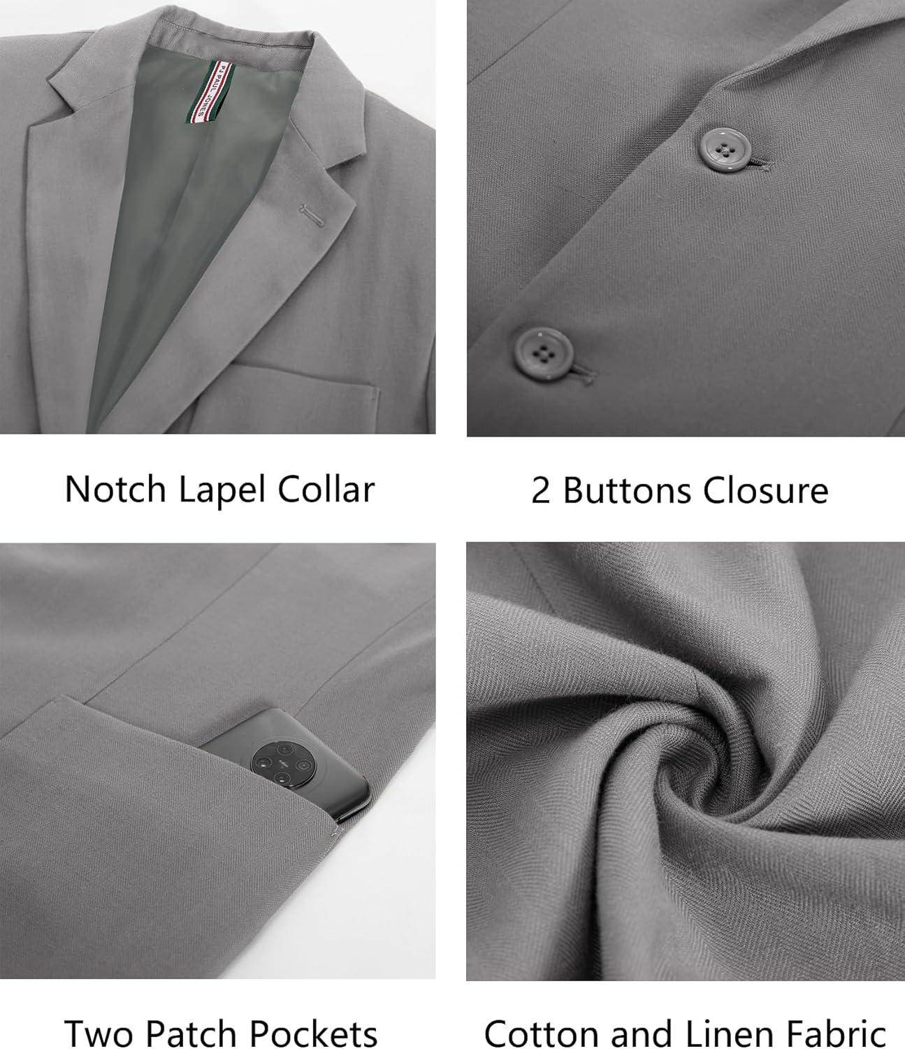 imagePJ PAUL JONES Mens Blazer Jacket Cotton Linen Sports Coats Regular Fit Two Buttons Herringbone Suit JacketsLight Grey