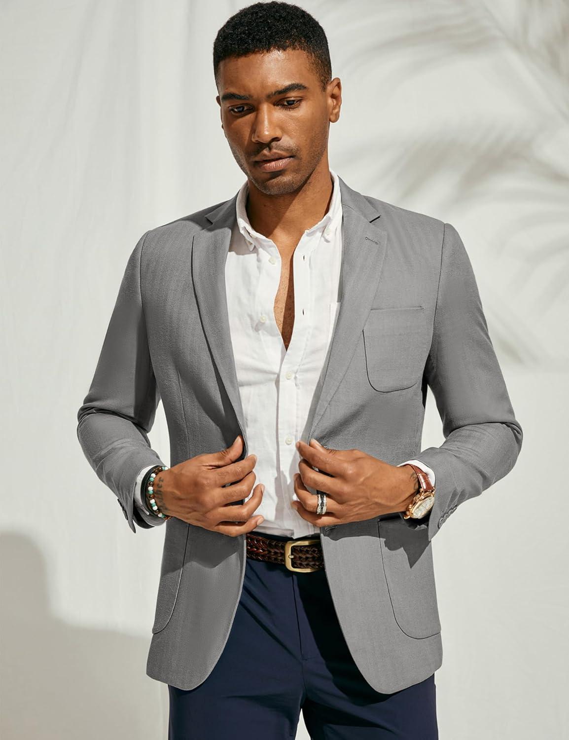 imagePJ PAUL JONES Mens Blazer Jacket Cotton Linen Sports Coats Regular Fit Two Buttons Herringbone Suit JacketsLight Grey