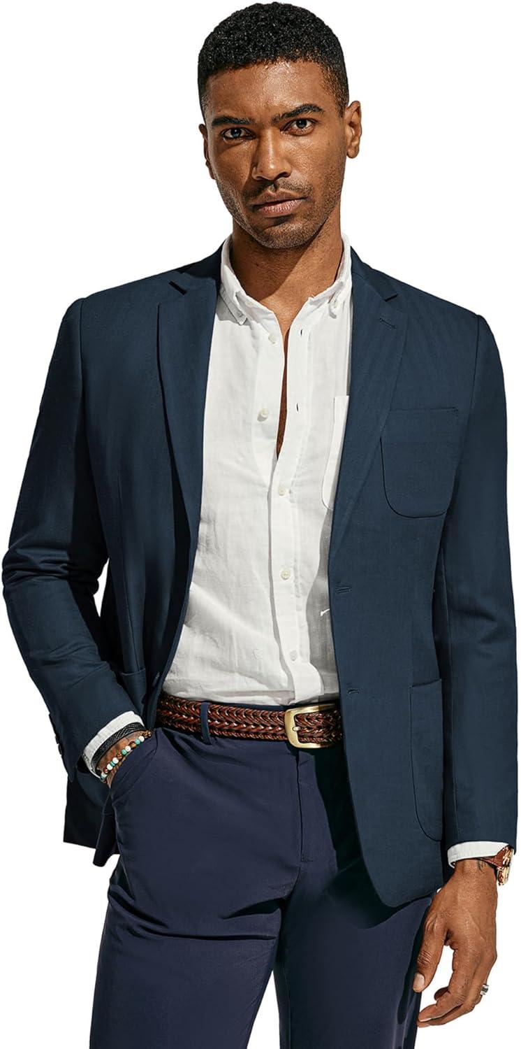 imagePJ PAUL JONES Mens Blazer Jacket Cotton Linen Sports Coats Regular Fit Two Buttons Herringbone Suit JacketsNavy Blue