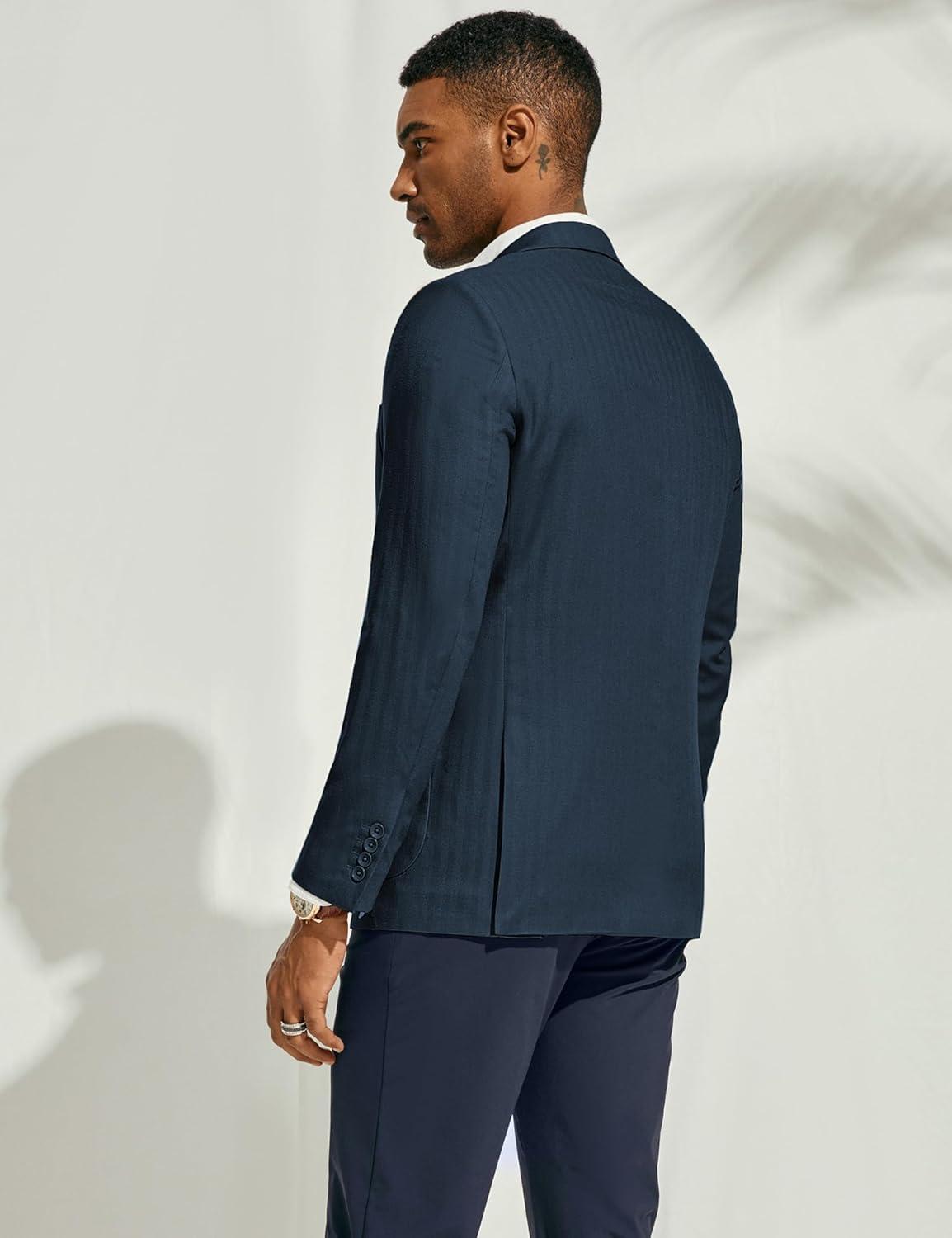 imagePJ PAUL JONES Mens Blazer Jacket Cotton Linen Sports Coats Regular Fit Two Buttons Herringbone Suit JacketsNavy Blue