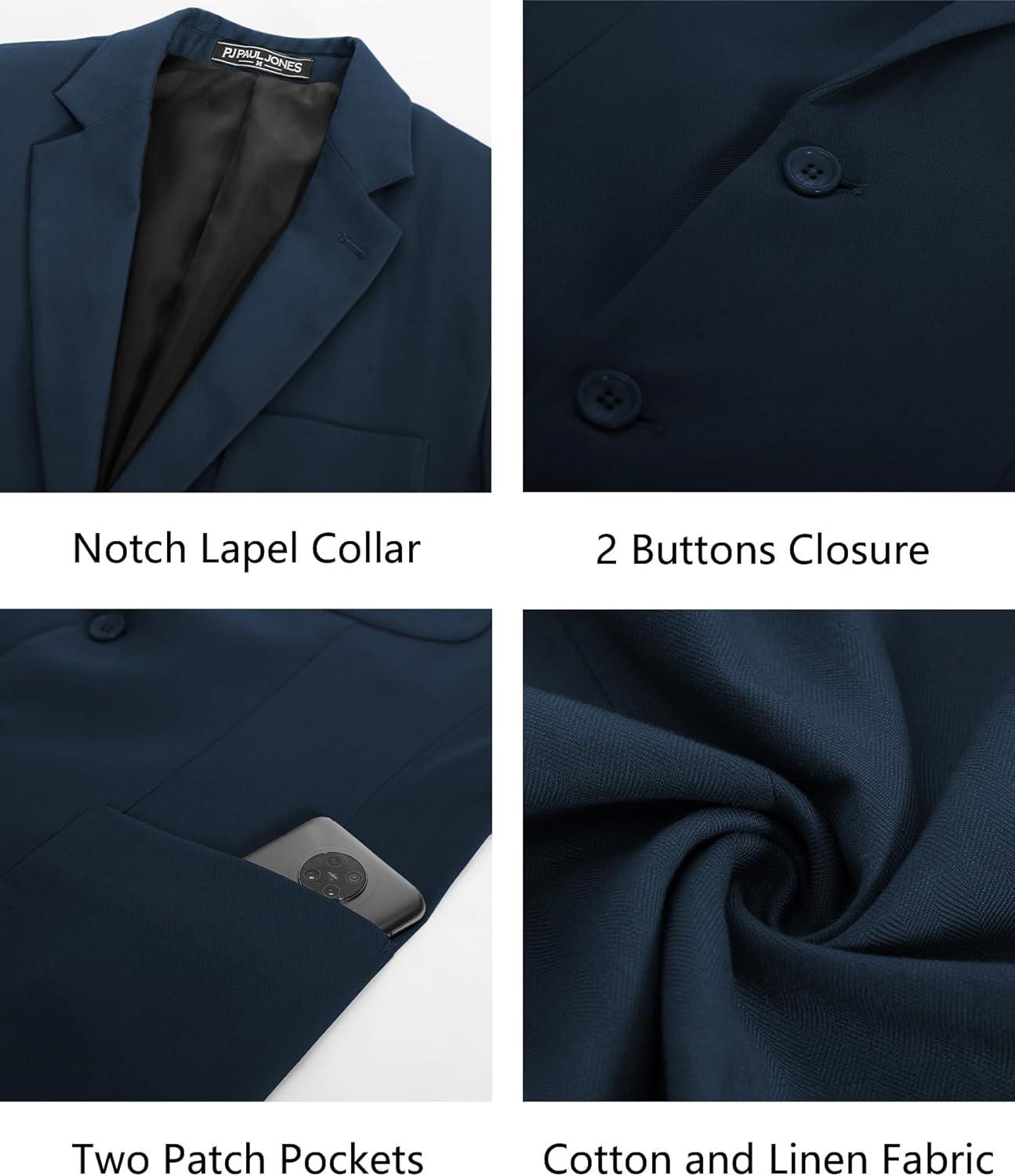 imagePJ PAUL JONES Mens Blazer Jacket Cotton Linen Sports Coats Regular Fit Two Buttons Herringbone Suit JacketsNavy Blue