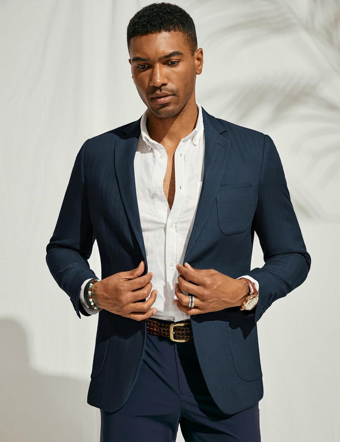 imagePJ PAUL JONES Mens Blazer Jacket Cotton Linen Sports Coats Regular Fit Two Buttons Herringbone Suit JacketsNavy Blue