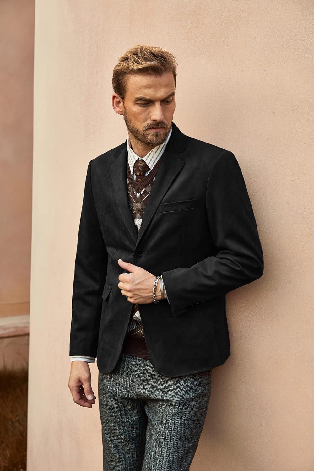 imagePJ PAUL JONES Mens Blazer Jacket Faux Leather Suit Jacket Casual 2 Buttons Suede Sport Blazer Coat with PocketsBlack