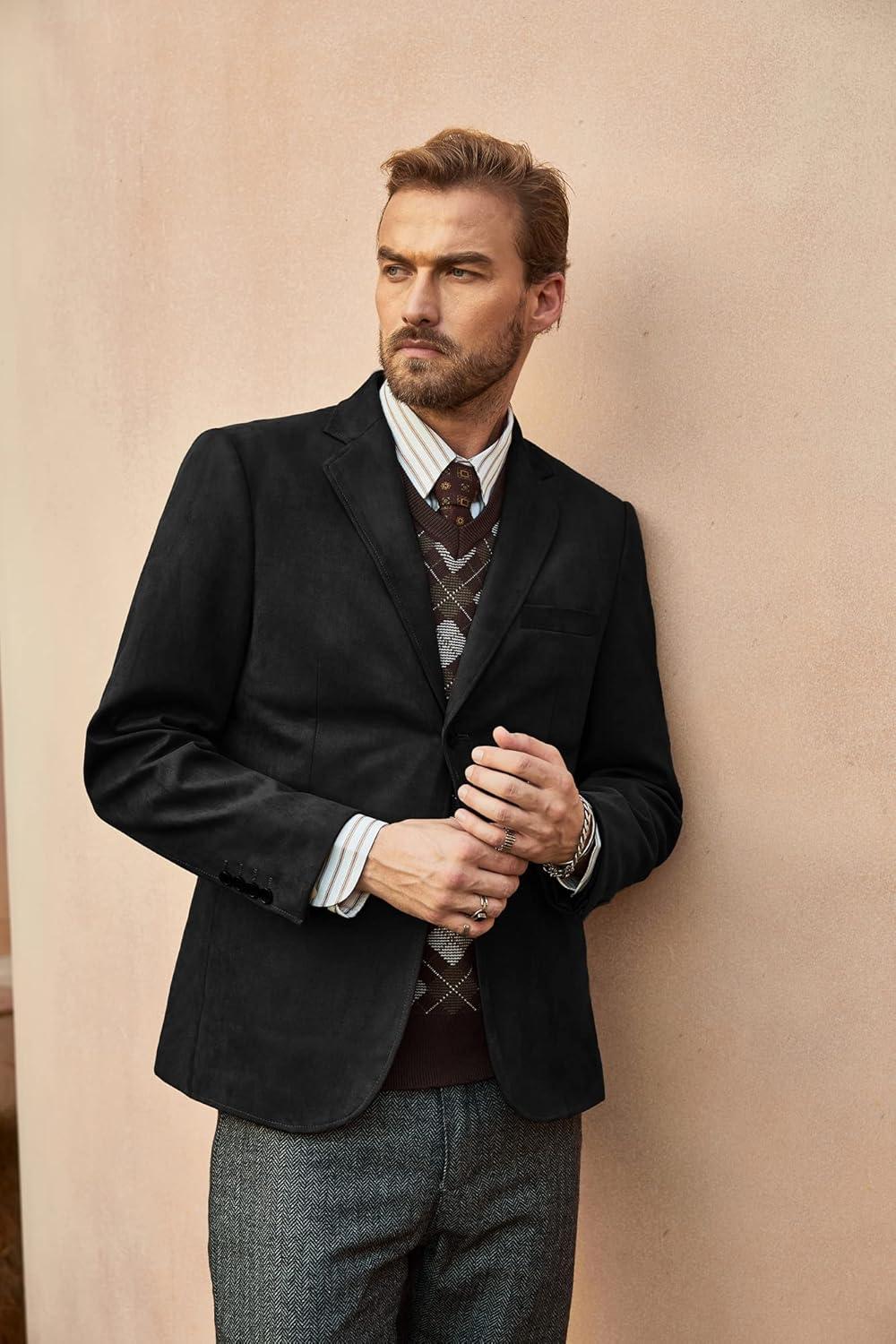 imagePJ PAUL JONES Mens Blazer Jacket Faux Leather Suit Jacket Casual 2 Buttons Suede Sport Blazer Coat with PocketsBlack
