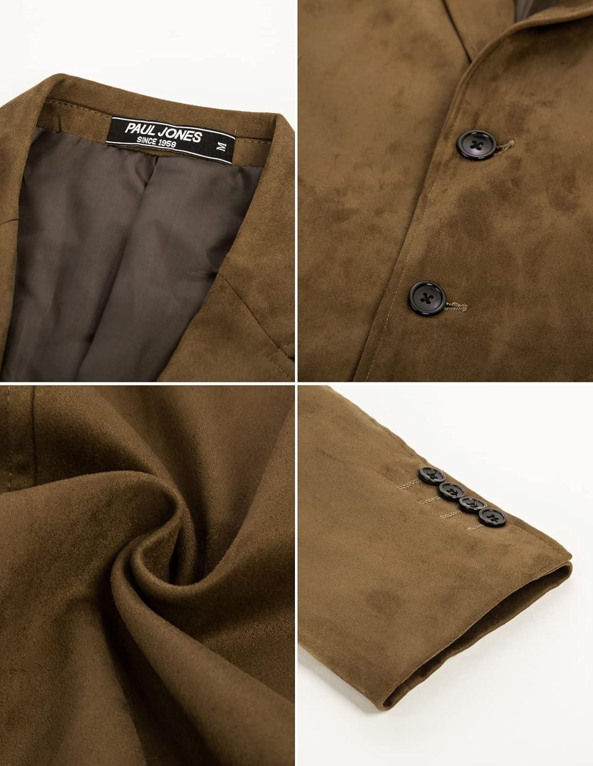 imagePJ PAUL JONES Mens Blazer Jacket Faux Leather Suit Jacket Casual 2 Buttons Suede Sport Blazer Coat with PocketsBrown