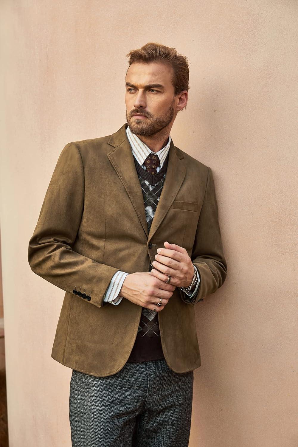 imagePJ PAUL JONES Mens Blazer Jacket Faux Leather Suit Jacket Casual 2 Buttons Suede Sport Blazer Coat with PocketsBrown