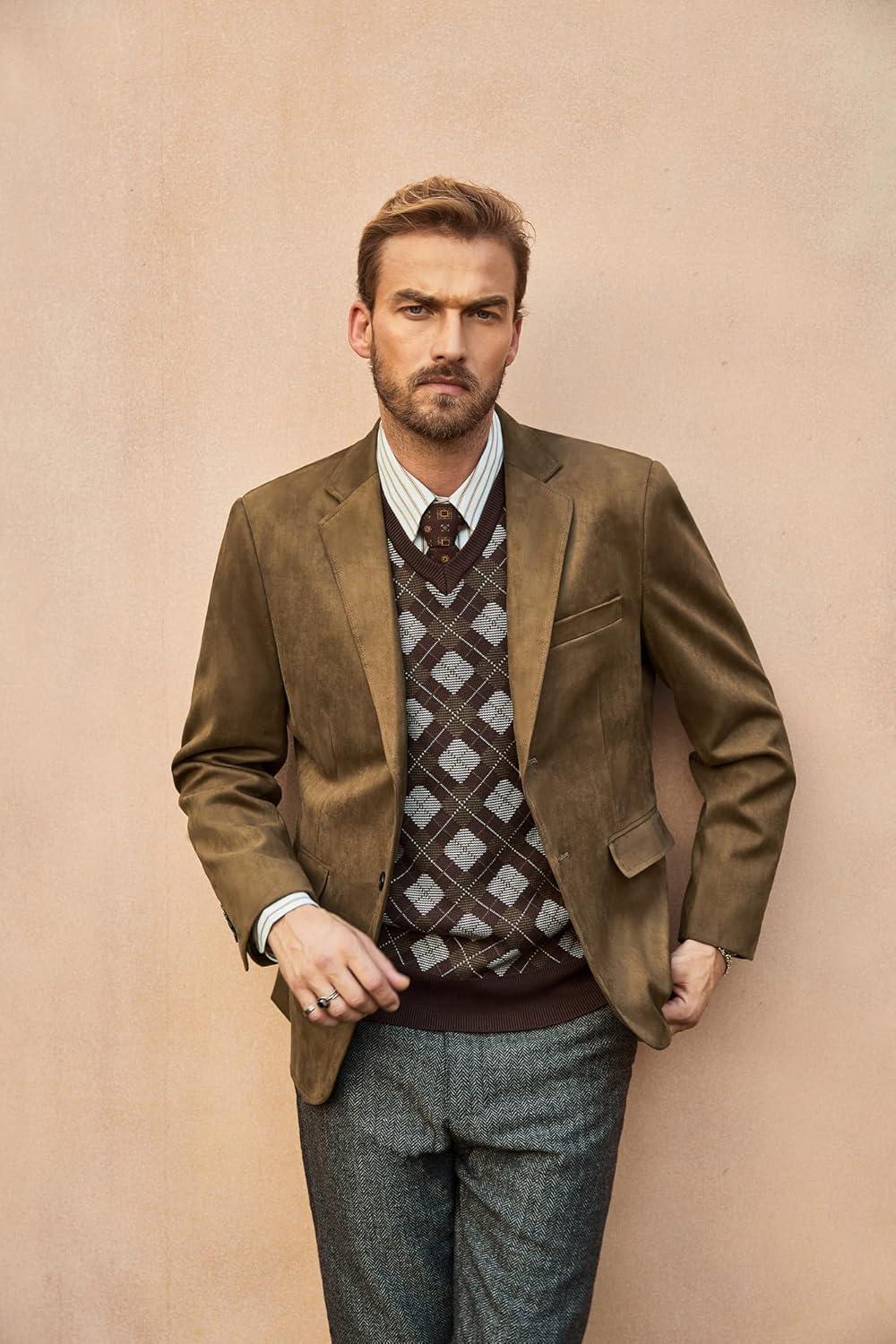 imagePJ PAUL JONES Mens Blazer Jacket Faux Leather Suit Jacket Casual 2 Buttons Suede Sport Blazer Coat with PocketsBrown