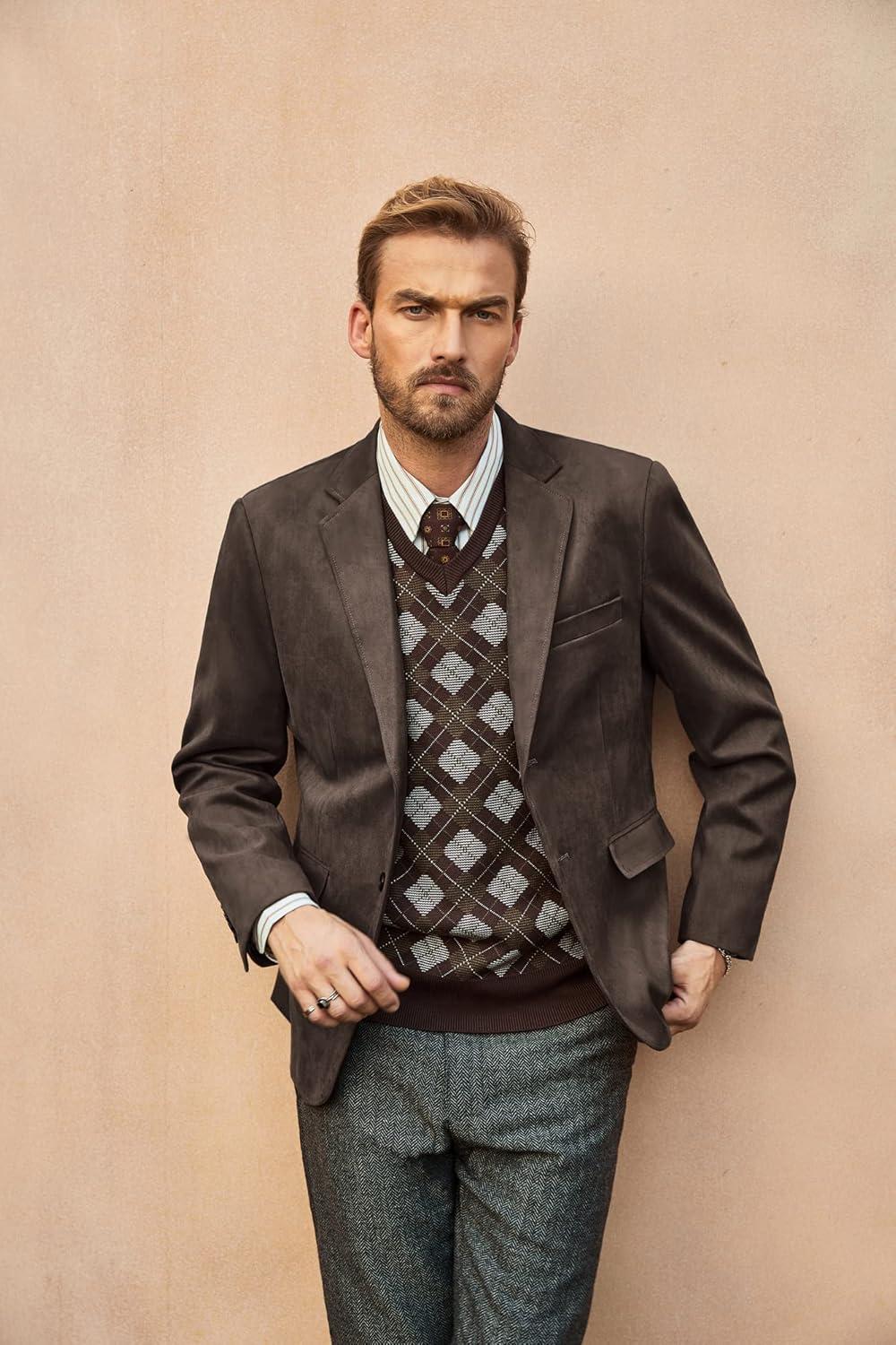 imagePJ PAUL JONES Mens Blazer Jacket Faux Leather Suit Jacket Casual 2 Buttons Suede Sport Blazer Coat with PocketsCoffee