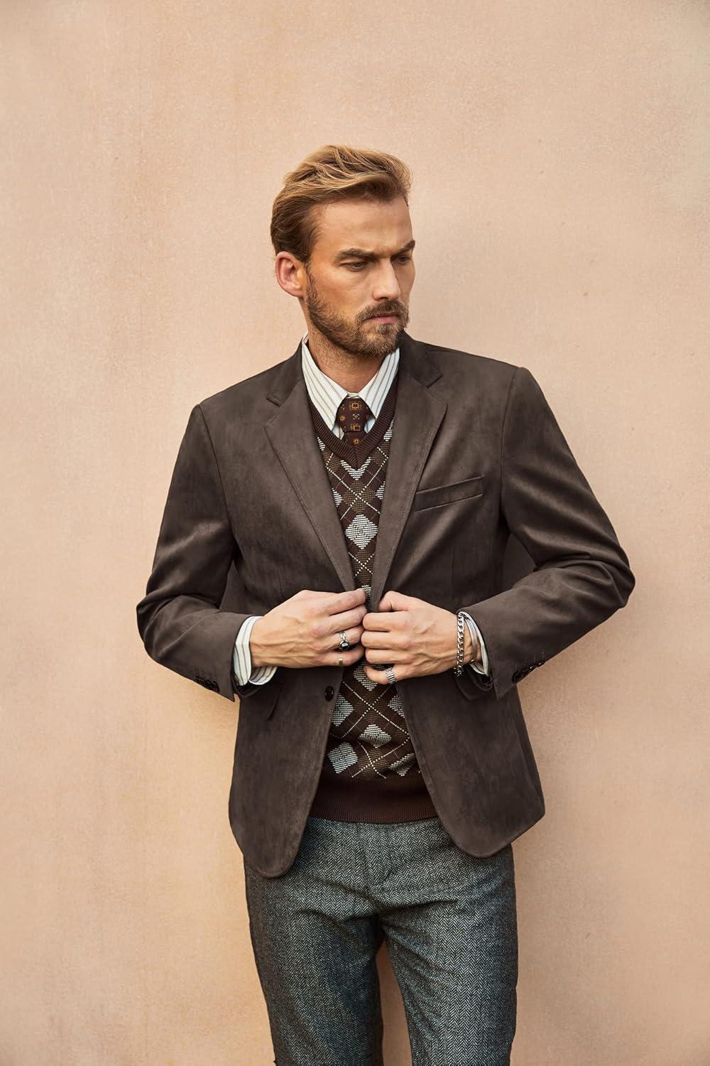 imagePJ PAUL JONES Mens Blazer Jacket Faux Leather Suit Jacket Casual 2 Buttons Suede Sport Blazer Coat with PocketsCoffee