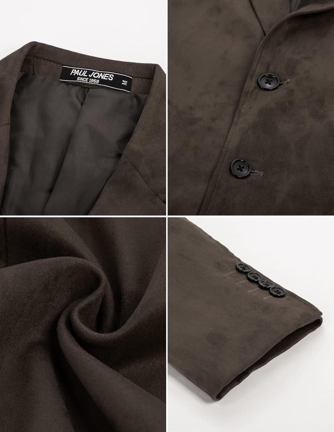 imagePJ PAUL JONES Mens Blazer Jacket Faux Leather Suit Jacket Casual 2 Buttons Suede Sport Blazer Coat with PocketsCoffee