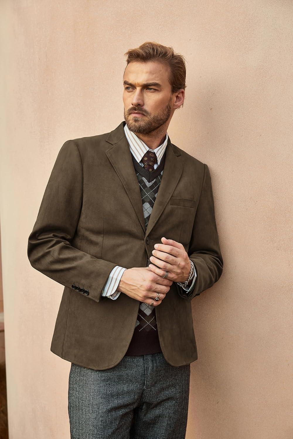 imagePJ PAUL JONES Mens Blazer Jacket Faux Leather Suit Jacket Casual 2 Buttons Suede Sport Blazer Coat with PocketsDark Brown