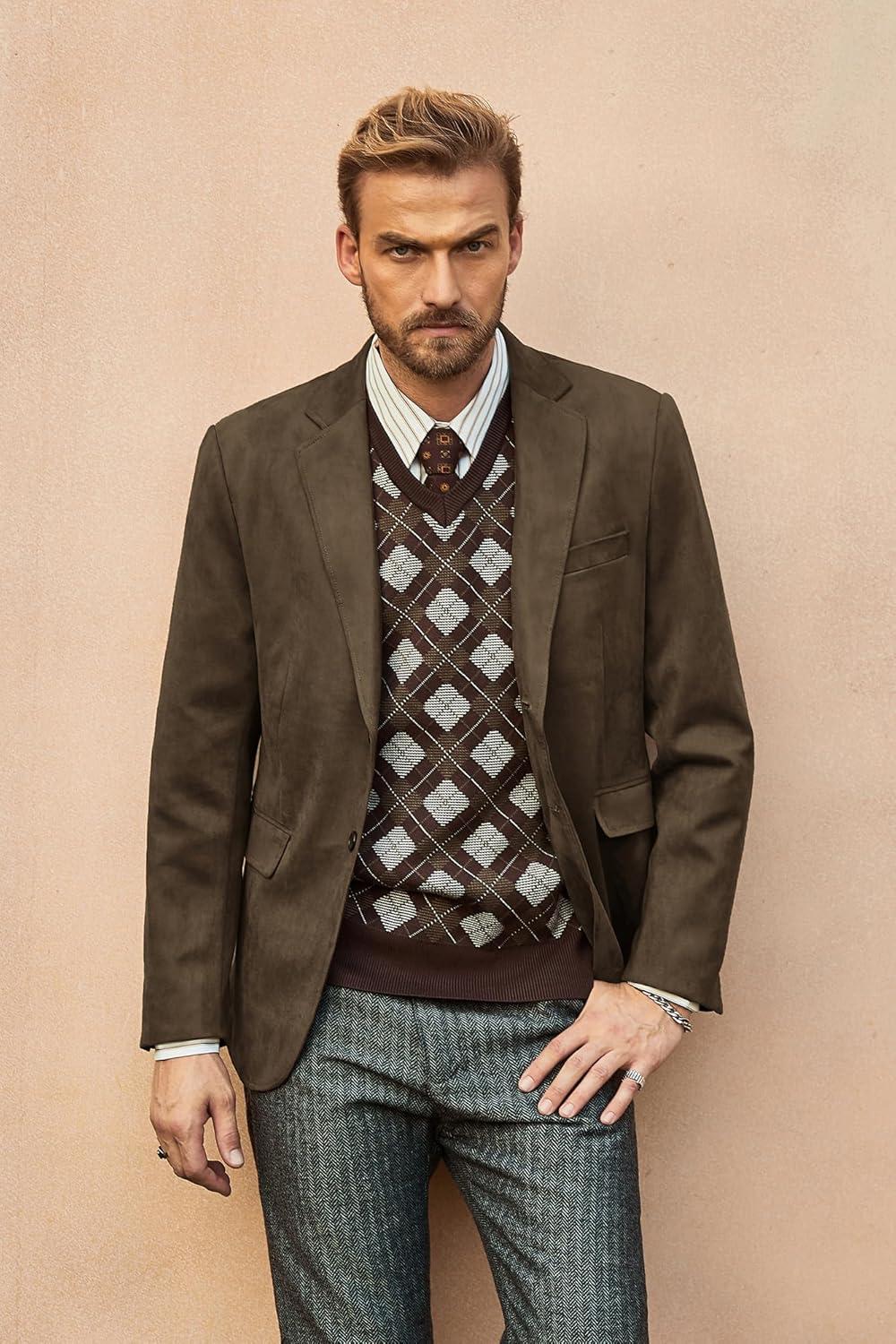 imagePJ PAUL JONES Mens Blazer Jacket Faux Leather Suit Jacket Casual 2 Buttons Suede Sport Blazer Coat with PocketsDark Brown