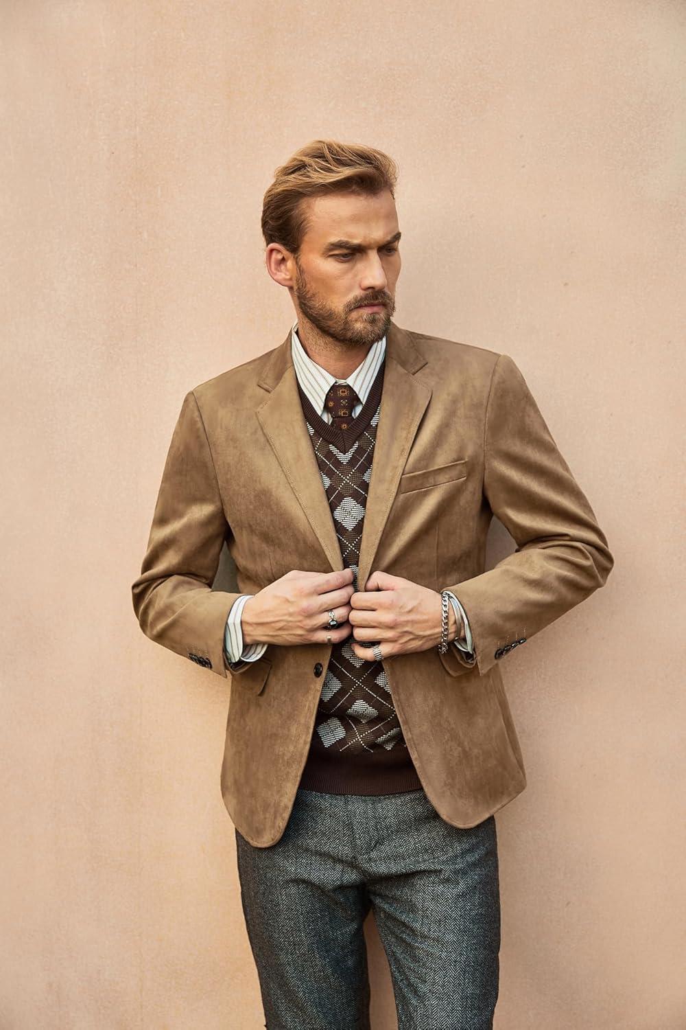 imagePJ PAUL JONES Mens Blazer Jacket Faux Leather Suit Jacket Casual 2 Buttons Suede Sport Blazer Coat with PocketsLight Brown