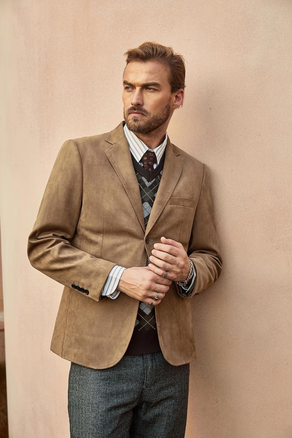 imagePJ PAUL JONES Mens Blazer Jacket Faux Leather Suit Jacket Casual 2 Buttons Suede Sport Blazer Coat with PocketsLight Brown