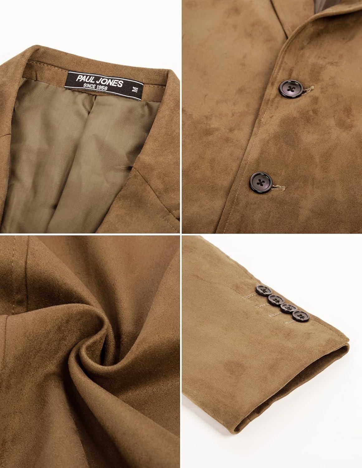 imagePJ PAUL JONES Mens Blazer Jacket Faux Leather Suit Jacket Casual 2 Buttons Suede Sport Blazer Coat with PocketsLight Brown