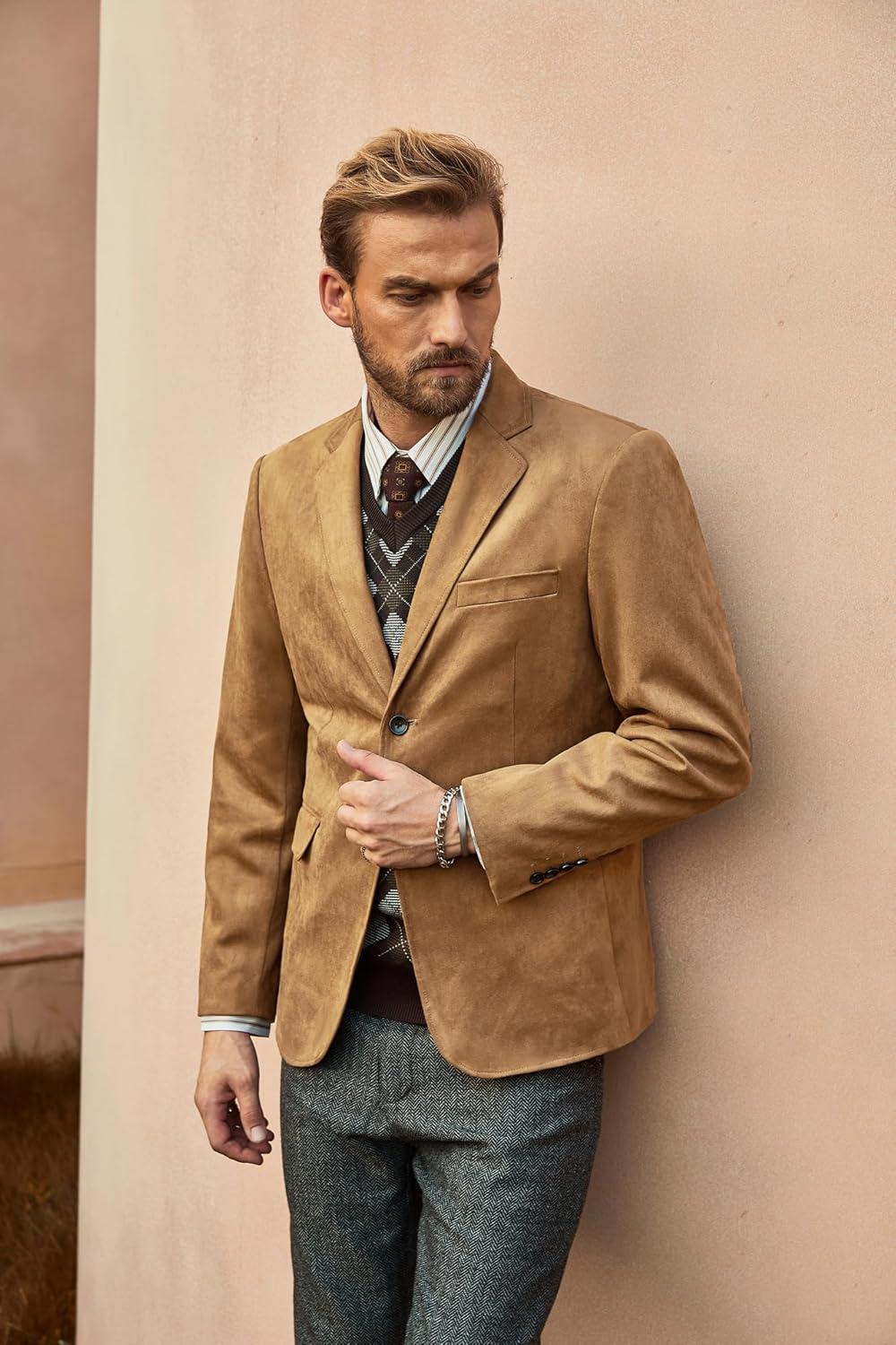 imagePJ PAUL JONES Mens Blazer Jacket Faux Leather Suit Jacket Casual 2 Buttons Suede Sport Blazer Coat with PocketsLight Tan