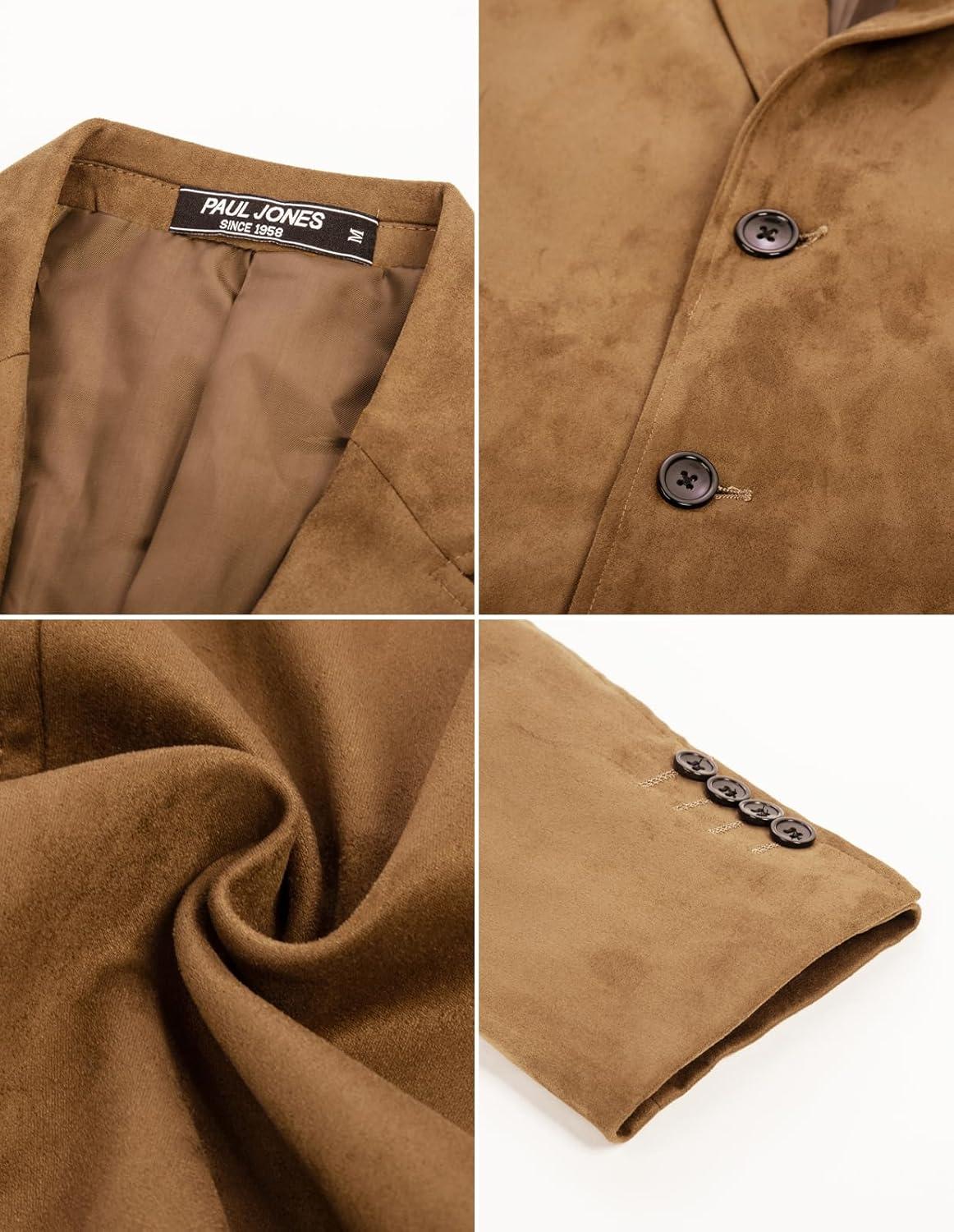 imagePJ PAUL JONES Mens Blazer Jacket Faux Leather Suit Jacket Casual 2 Buttons Suede Sport Blazer Coat with PocketsLight Tan