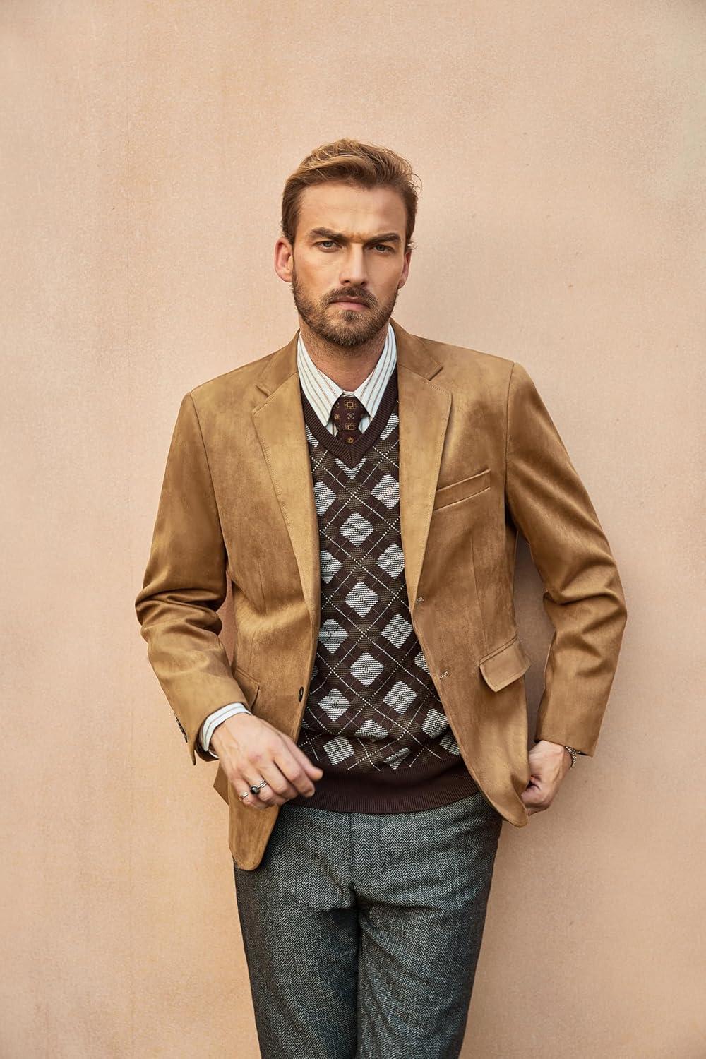 imagePJ PAUL JONES Mens Blazer Jacket Faux Leather Suit Jacket Casual 2 Buttons Suede Sport Blazer Coat with PocketsLight Tan