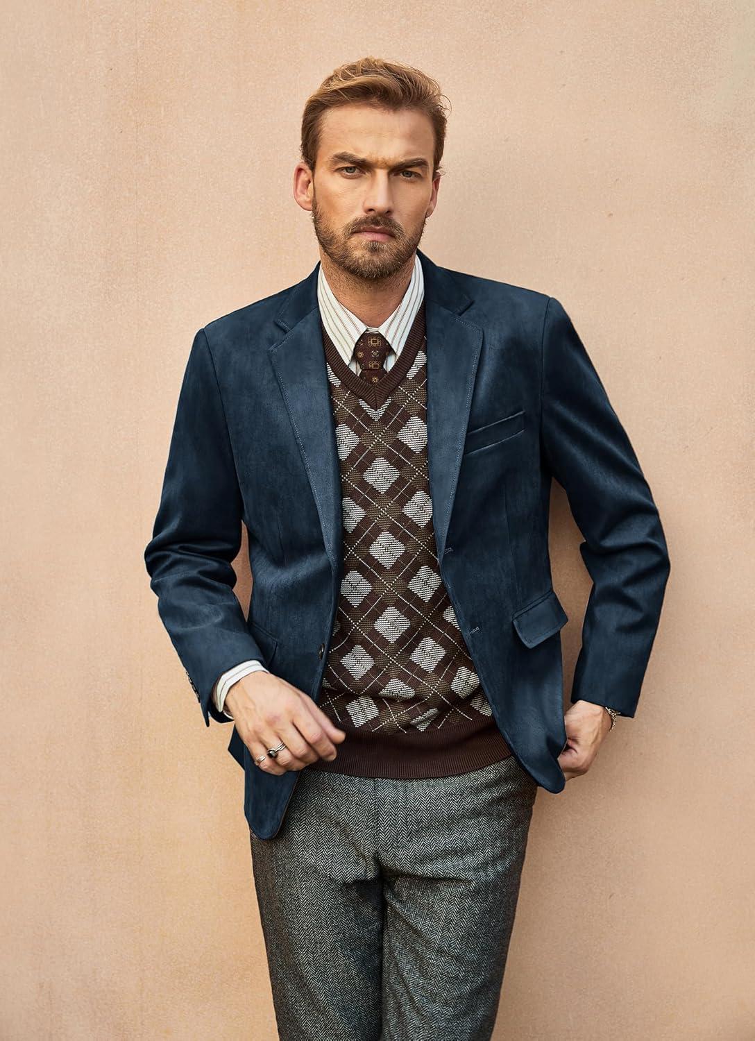 imagePJ PAUL JONES Mens Blazer Jacket Faux Leather Suit Jacket Casual 2 Buttons Suede Sport Blazer Coat with PocketsNavy Blue