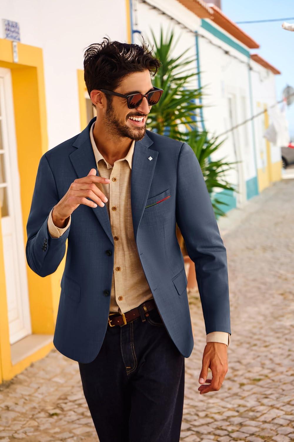 imagePJ PAUL JONES Mens Blazer Lightweight Sport Coats Casual Two Buttons Notched Lapel Suit Jacket with Removable BroochNavy Blue