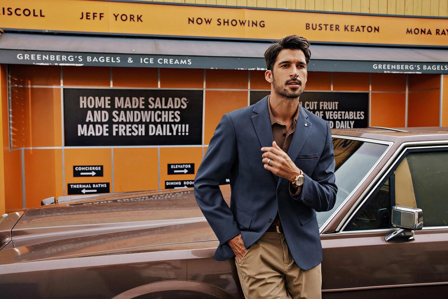 imagePJ PAUL JONES Mens Blazer Lightweight Sport Coats Casual Two Buttons Notched Lapel Suit Jacket with Removable BroochNavy Blue