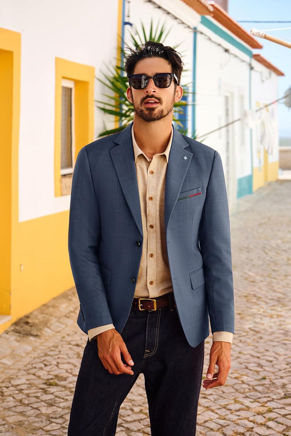 imagePJ PAUL JONES Mens Blazer Lightweight Sport Coats Casual Two Buttons Notched Lapel Suit Jacket with Removable BroochNavy Blue