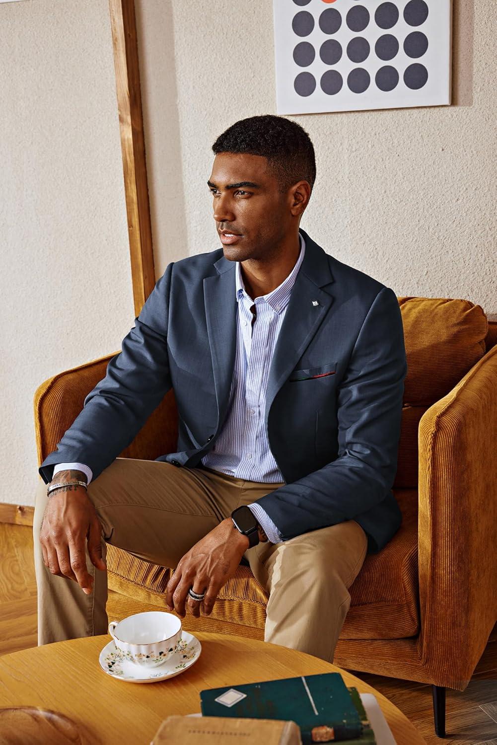 imagePJ PAUL JONES Mens Blazer Lightweight Sport Coats Casual Two Buttons Notched Lapel Suit Jacket with Removable BroochNavy Blue