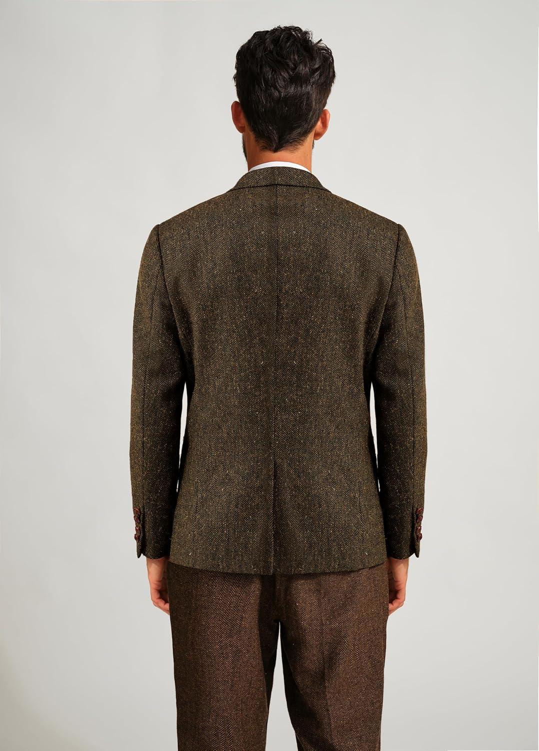 imagePJ PAUL JONES Mens Blazer Vintage Herringbone Tweed Blazer Two Button Wool Blend Sport Coat with Pocket SquareBrown