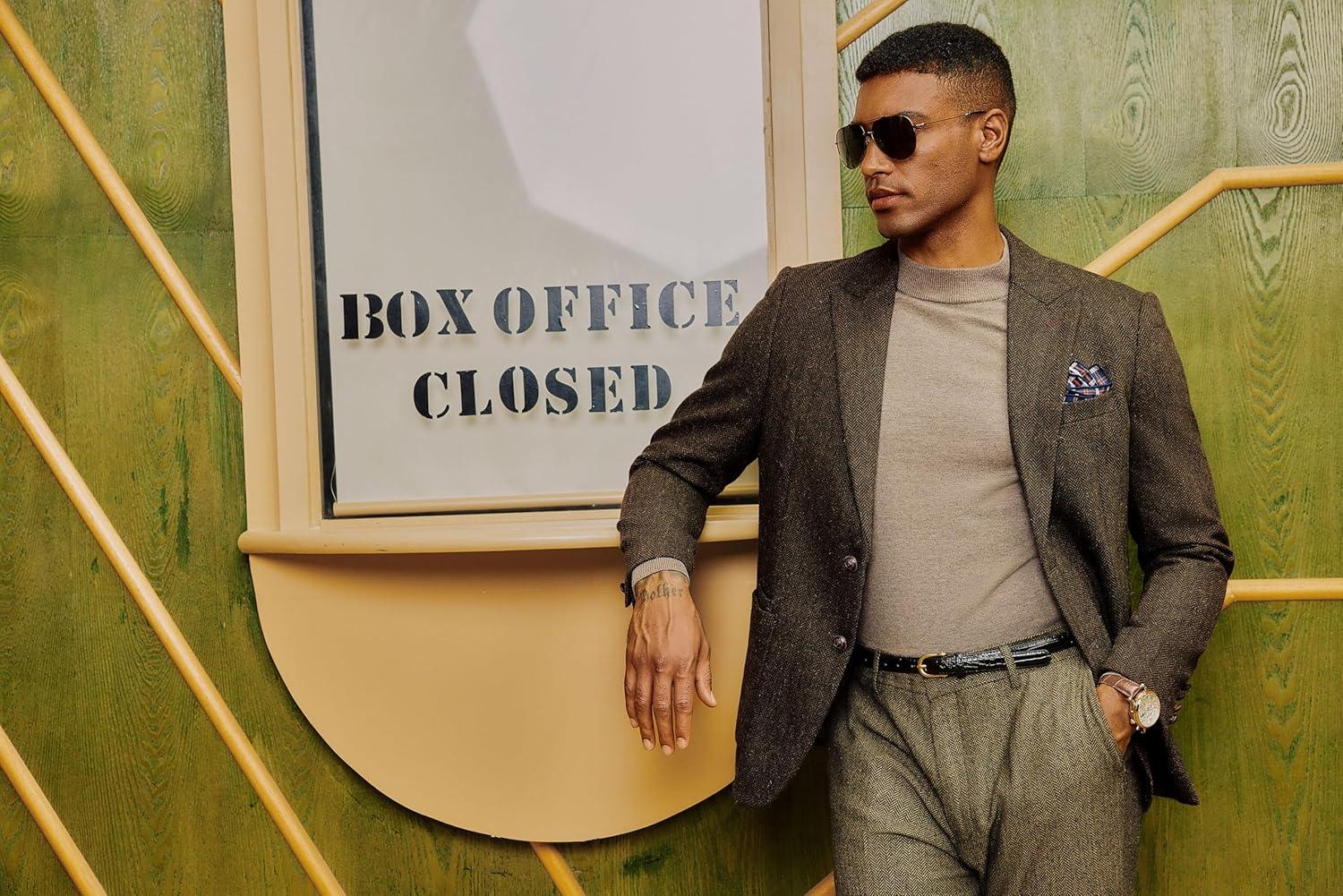 imagePJ PAUL JONES Mens Blazer Vintage Herringbone Tweed Blazer Two Button Wool Blend Sport Coat with Pocket SquareBrown