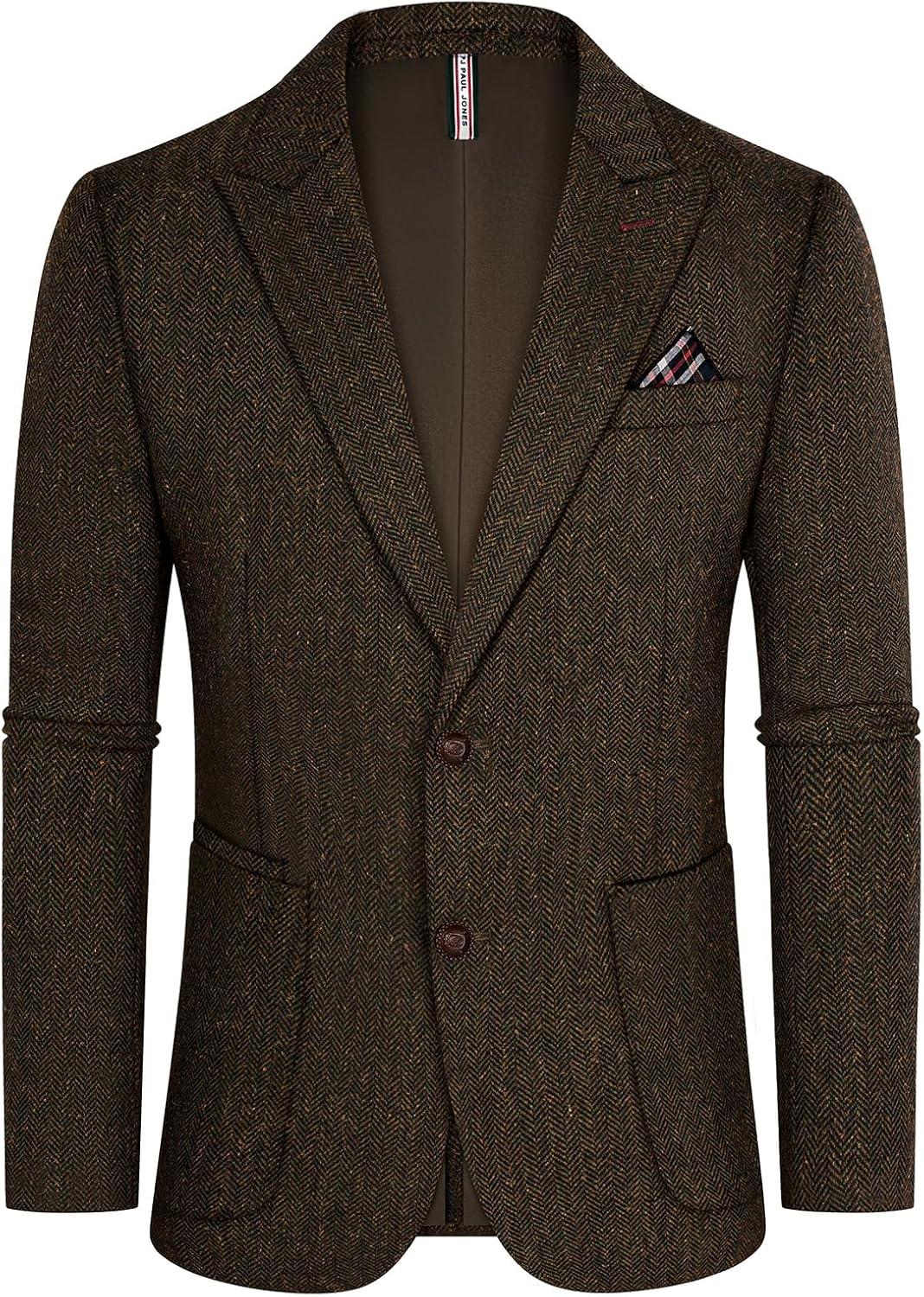 imagePJ PAUL JONES Mens Blazer Vintage Herringbone Tweed Blazer Two Button Wool Blend Sport Coat with Pocket SquareBrown