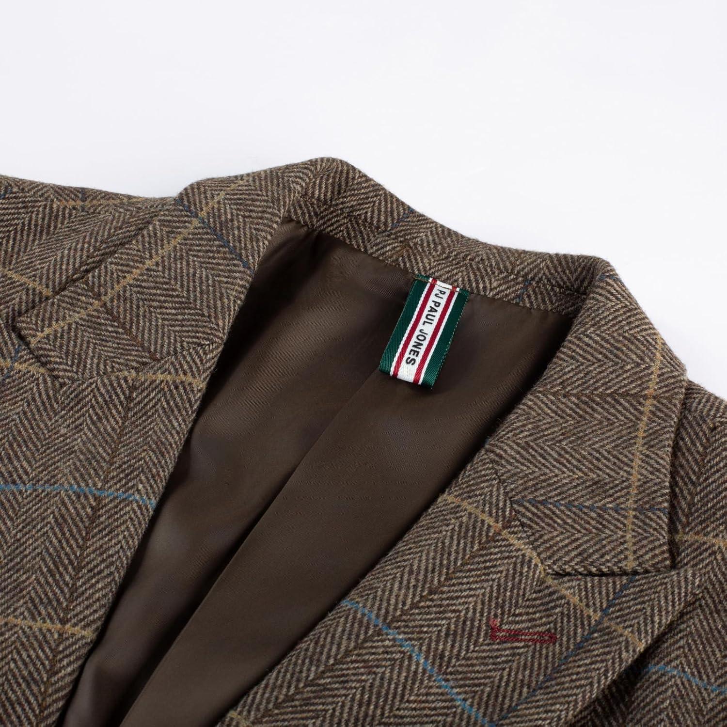 imagePJ PAUL JONES Mens Blazer Vintage Herringbone Tweed Blazer Two Button Wool Blend Sport Coat with Pocket SquareBrown Plaid