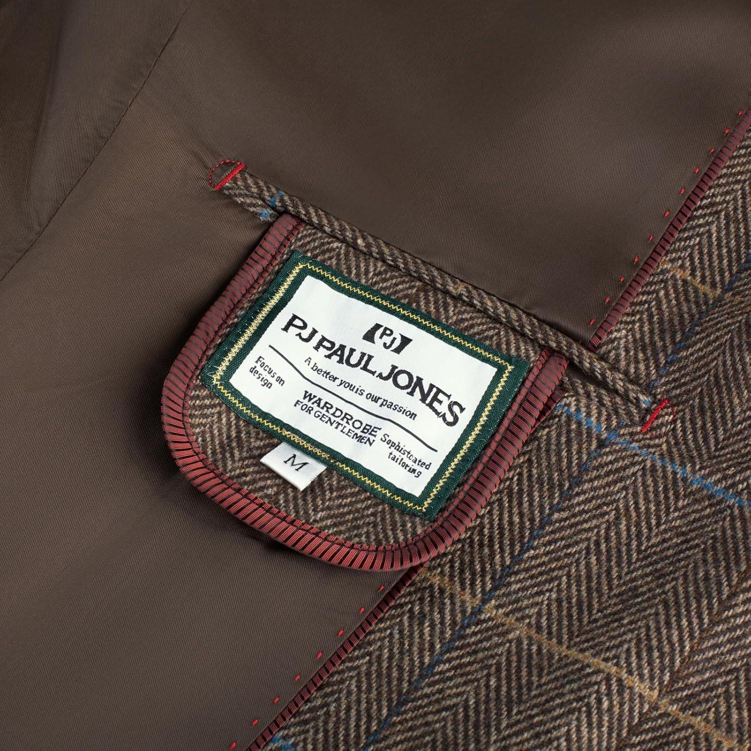 imagePJ PAUL JONES Mens Blazer Vintage Herringbone Tweed Blazer Two Button Wool Blend Sport Coat with Pocket SquareBrown Plaid