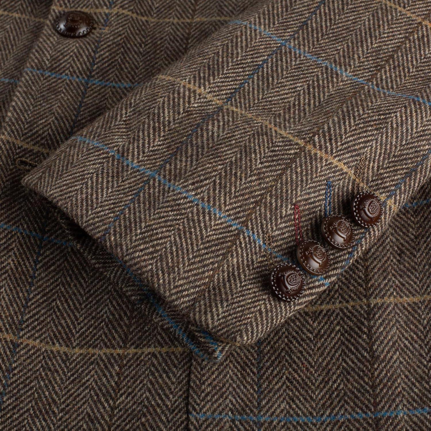 imagePJ PAUL JONES Mens Blazer Vintage Herringbone Tweed Blazer Two Button Wool Blend Sport Coat with Pocket SquareBrown Plaid