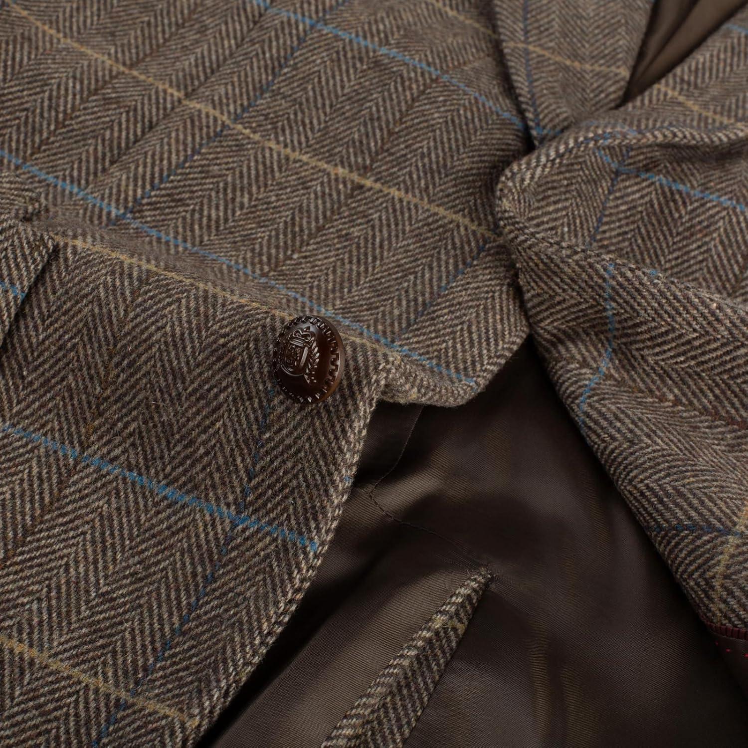 imagePJ PAUL JONES Mens Blazer Vintage Herringbone Tweed Blazer Two Button Wool Blend Sport Coat with Pocket SquareBrown Plaid