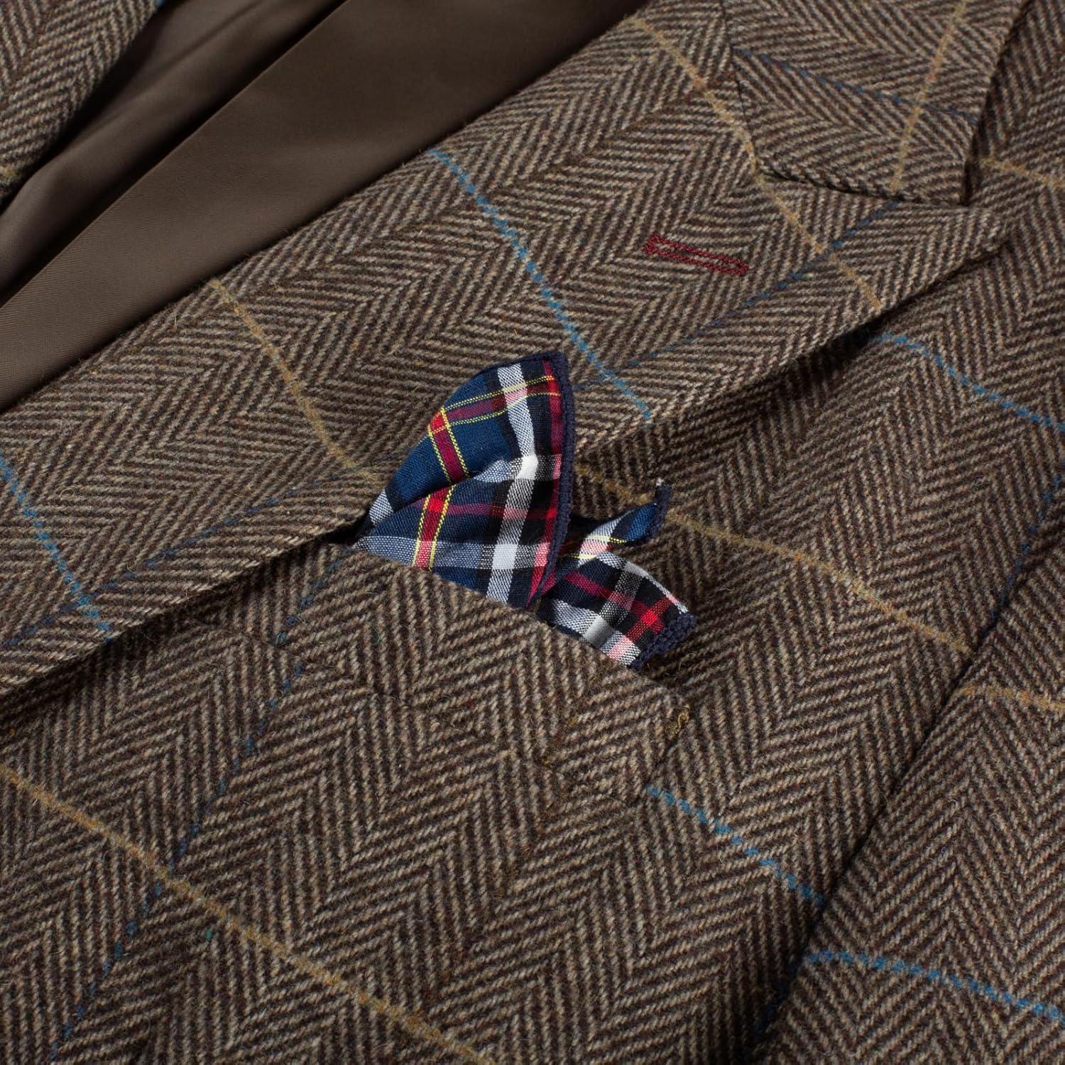 imagePJ PAUL JONES Mens Blazer Vintage Herringbone Tweed Blazer Two Button Wool Blend Sport Coat with Pocket SquareBrown Plaid