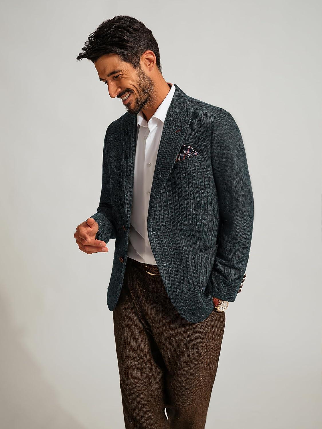 imagePJ PAUL JONES Mens Blazer Vintage Herringbone Tweed Blazer Two Button Wool Blend Sport Coat with Pocket SquareNavy Blue