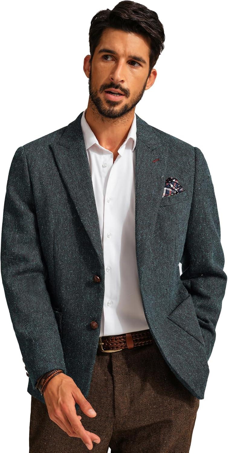 imagePJ PAUL JONES Mens Blazer Vintage Herringbone Tweed Blazer Two Button Wool Blend Sport Coat with Pocket SquareNavy Blue