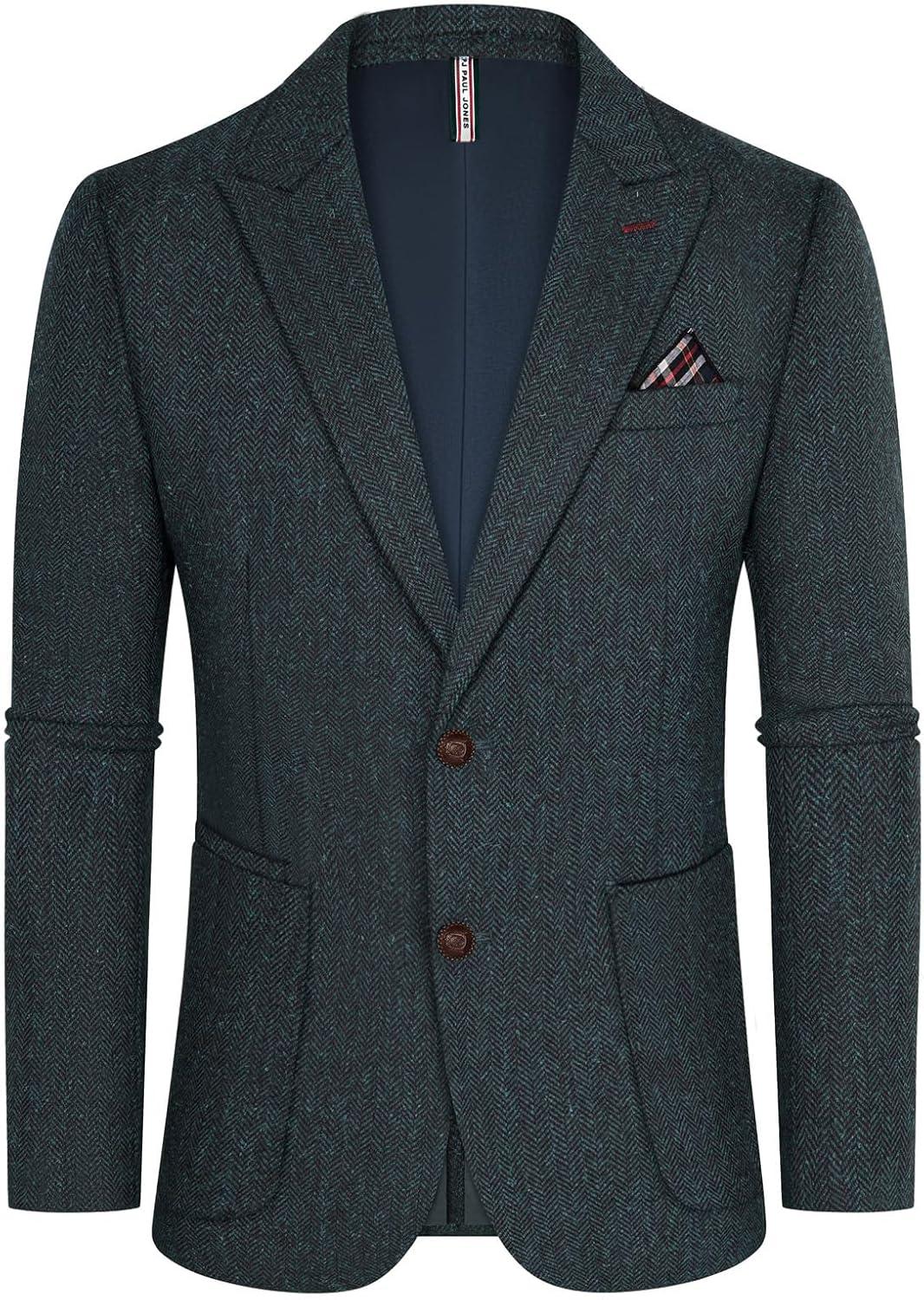 imagePJ PAUL JONES Mens Blazer Vintage Herringbone Tweed Blazer Two Button Wool Blend Sport Coat with Pocket SquareNavy Blue