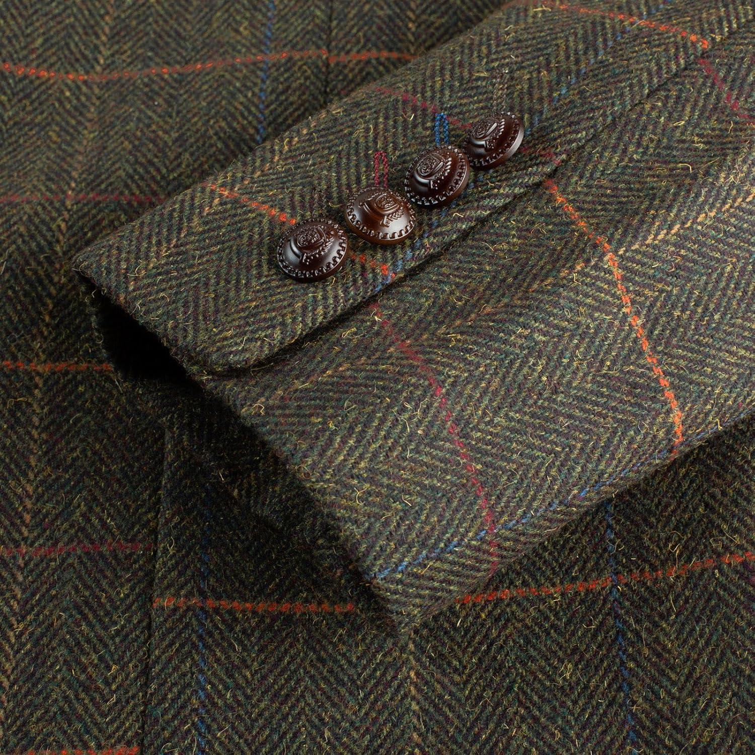 imagePJ PAUL JONES Mens Blazer Vintage Herringbone Tweed Blazer Two Button Wool Blend Sport Coat with Pocket SquareOlive Green Plaid