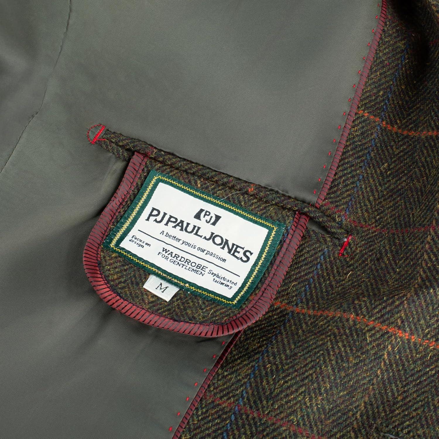 imagePJ PAUL JONES Mens Blazer Vintage Herringbone Tweed Blazer Two Button Wool Blend Sport Coat with Pocket SquareOlive Green Plaid