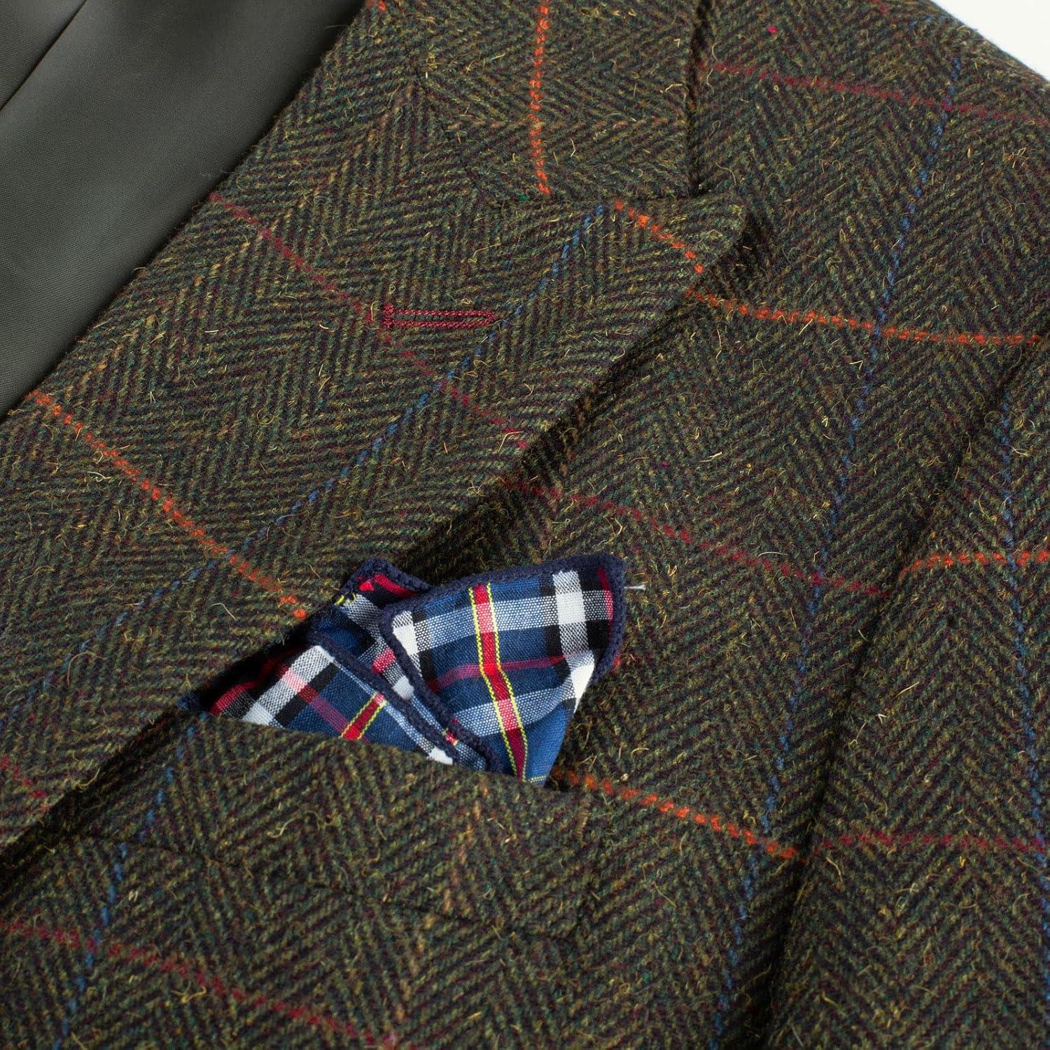 imagePJ PAUL JONES Mens Blazer Vintage Herringbone Tweed Blazer Two Button Wool Blend Sport Coat with Pocket SquareOlive Green Plaid