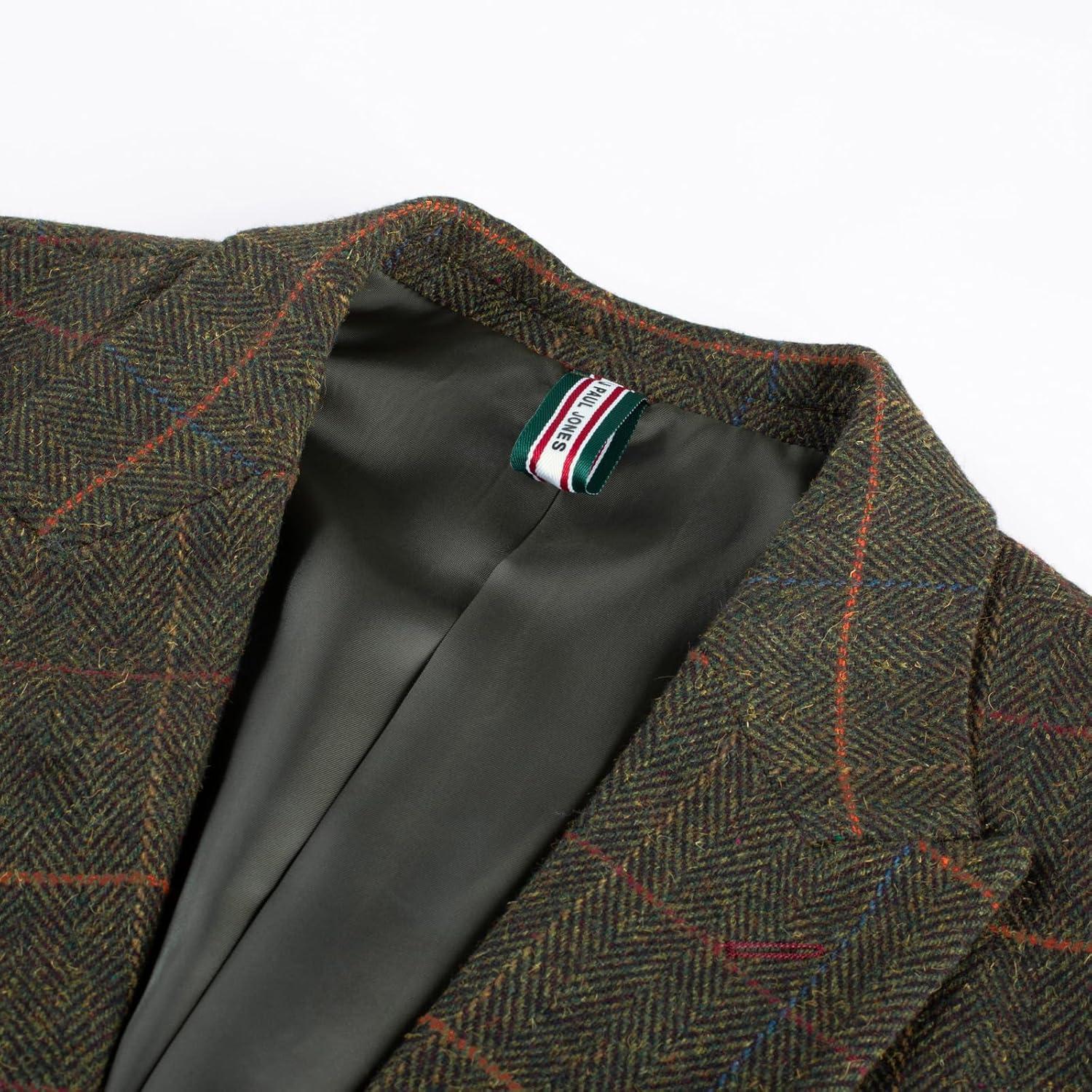 imagePJ PAUL JONES Mens Blazer Vintage Herringbone Tweed Blazer Two Button Wool Blend Sport Coat with Pocket SquareOlive Green Plaid