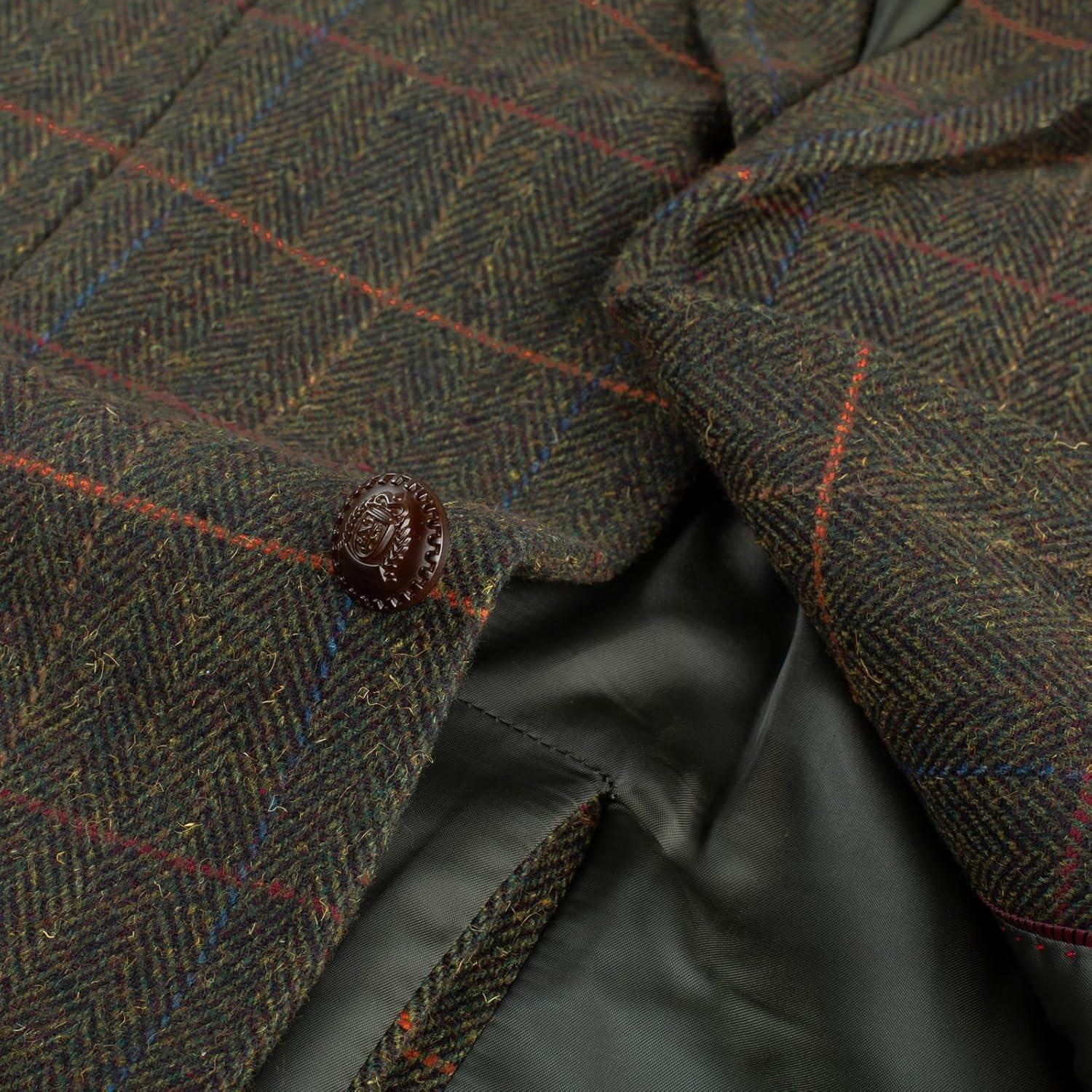 imagePJ PAUL JONES Mens Blazer Vintage Herringbone Tweed Blazer Two Button Wool Blend Sport Coat with Pocket SquareOlive Green Plaid