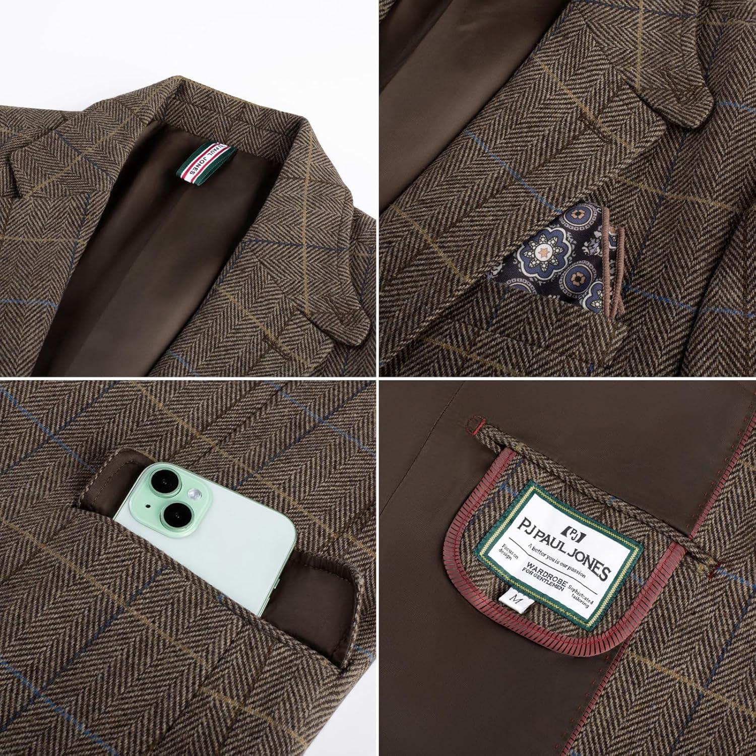imagePJ PAUL JONES Mens Blazer Vintage Wool Blend Sport Coat Herringbone Tweed Blazer Suit Jacket with Pocket SquareCoffee