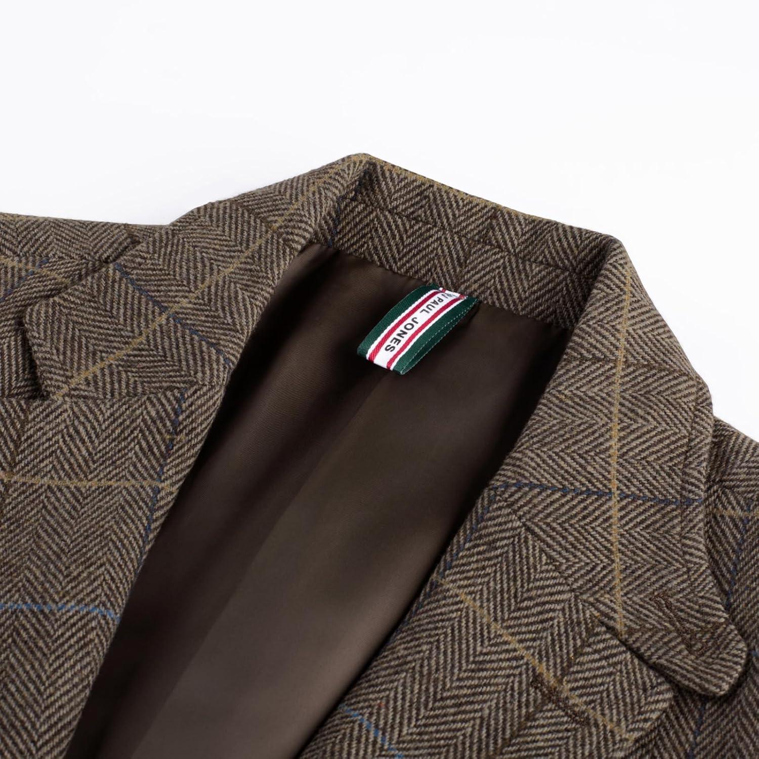 imagePJ PAUL JONES Mens Blazer Vintage Wool Blend Sport Coat Herringbone Tweed Blazer Suit Jacket with Pocket SquareCoffee