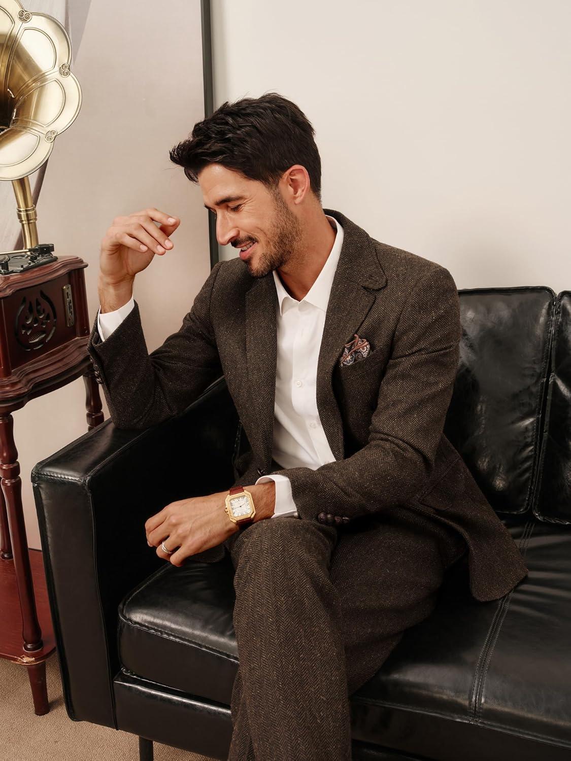 imagePJ PAUL JONES Mens Blazer Vintage Wool Blend Sport Coat Herringbone Tweed Blazer Suit Jacket with Pocket SquareDark Coffee